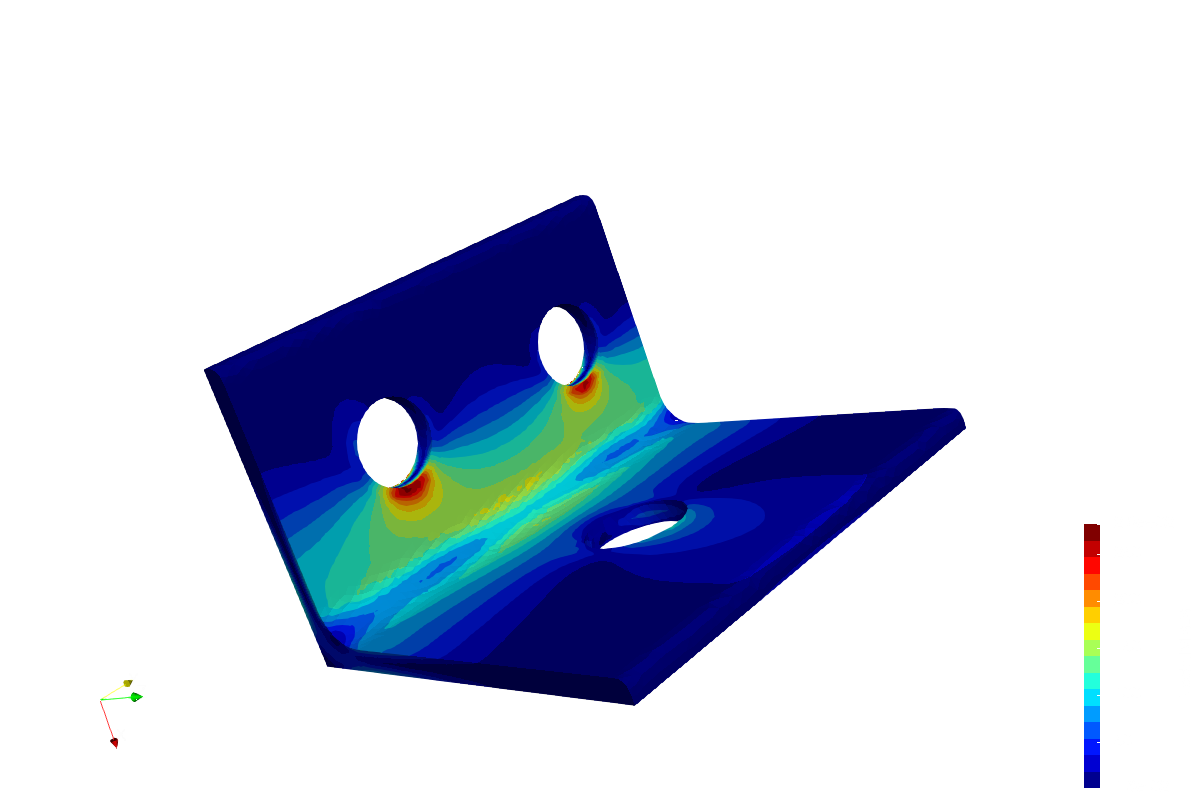 Von Mises stress distribution in a hinge, with stress concentrations around the holes.